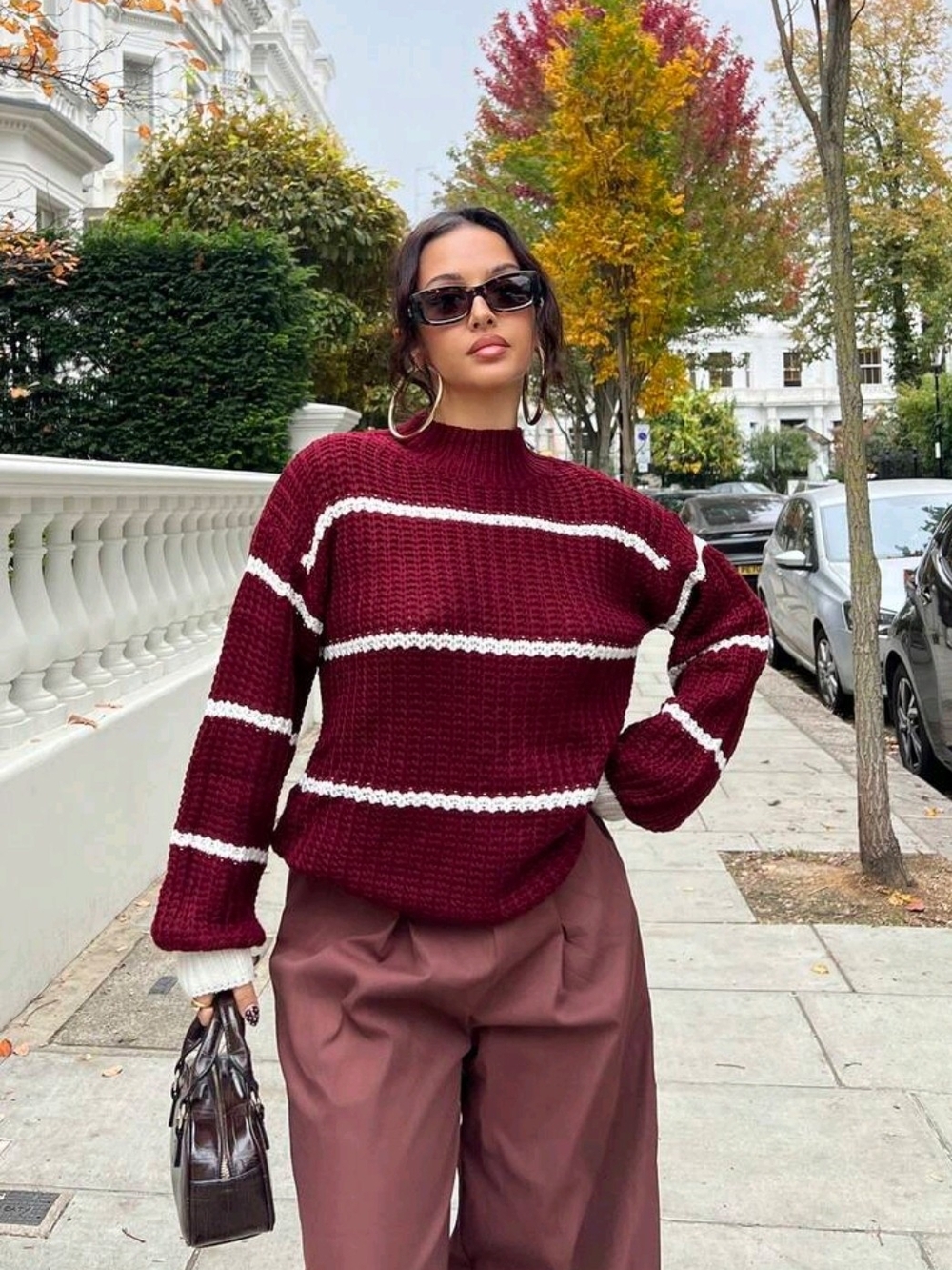 Women's Burgundy Stripe Knit Sweater - Casual Crewneck
